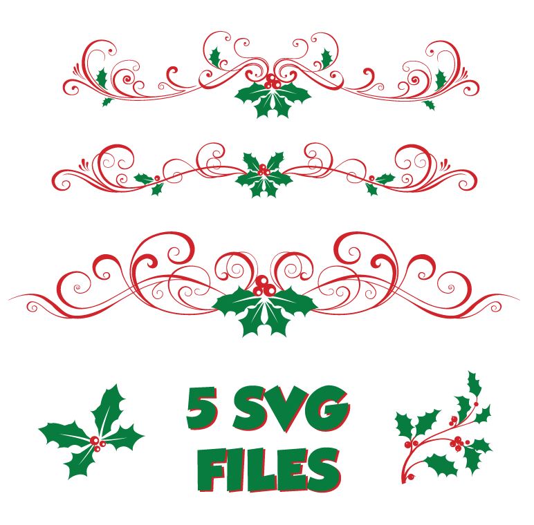 5 Christmas Holly and flourishes SVG files. Embellishment SVG optimized